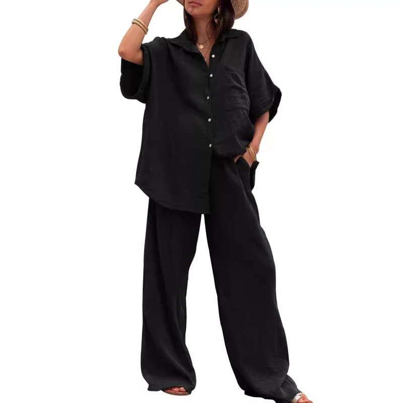 Damen Sommerliches Zweiteiler-Set mit übergroßem Hemd und weiter Hose