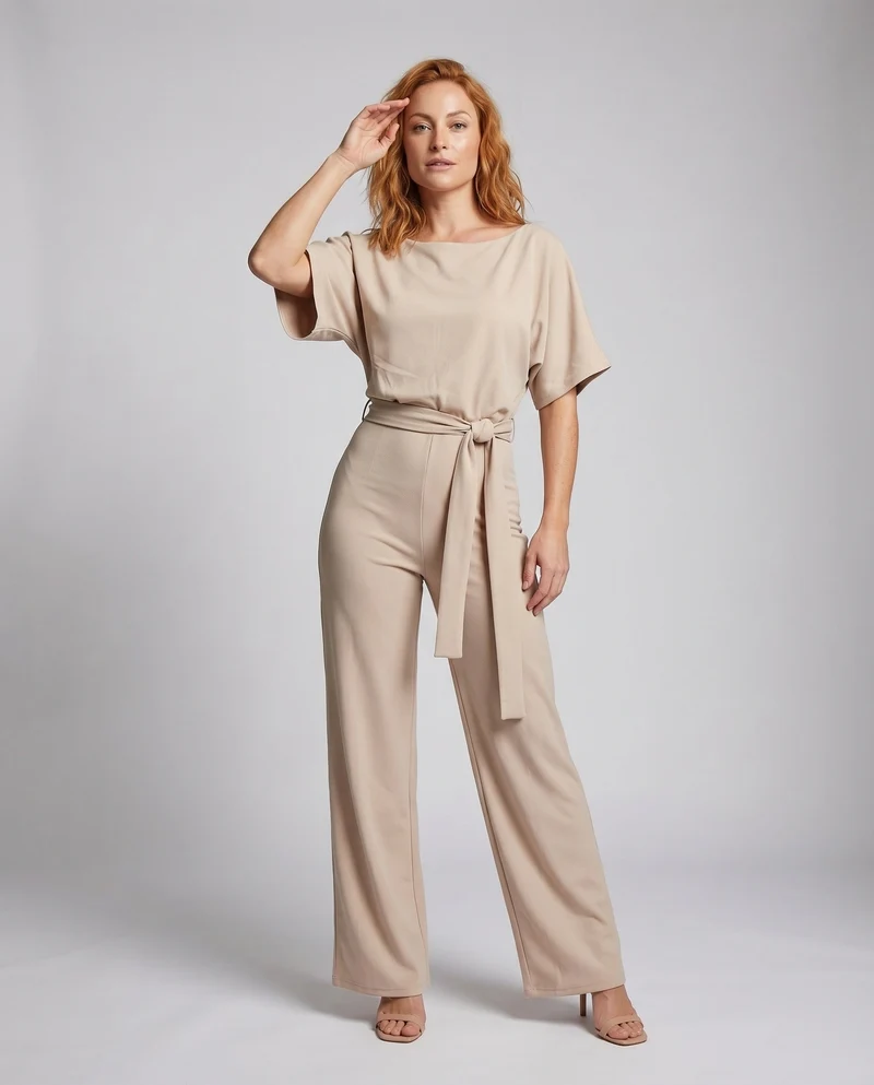 Damen eleganter Jumpsuit mit weitem Bein und Taillenknoten