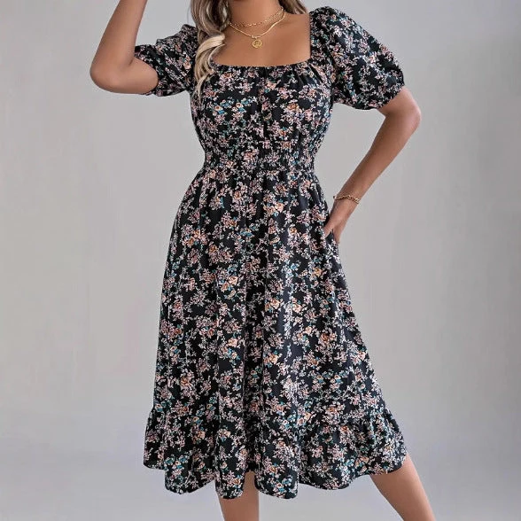 Damen sommerliches Blumenkleid mit Puffärmeln und Rüschensaum