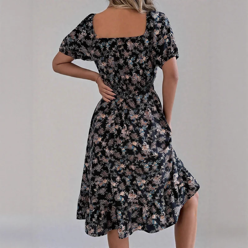 Damen sommerliches Blumenkleid mit Puffärmeln und Rüschensaum