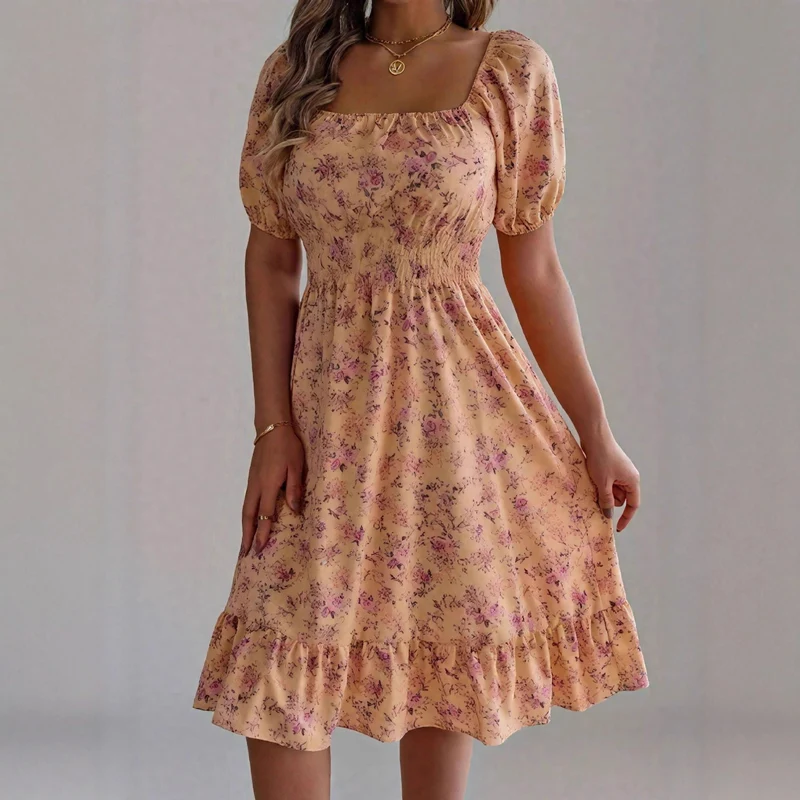 Damen sommerliches Blumenkleid mit Puffärmeln und Rüschensaum