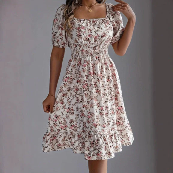 Damen sommerliches Blumenkleid mit Puffärmeln und Rüschensaum