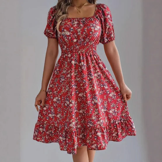 Damen sommerliches Blumenkleid mit Puffärmeln und Rüschensaum