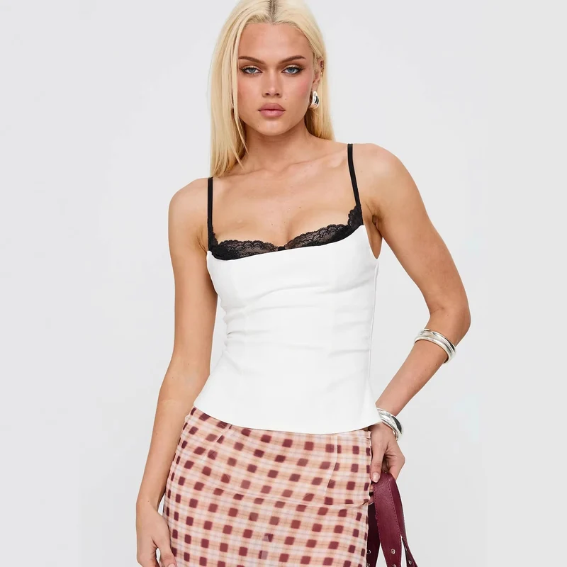Damen Polka Dots Bustier-Top mit Spitzenakzenten