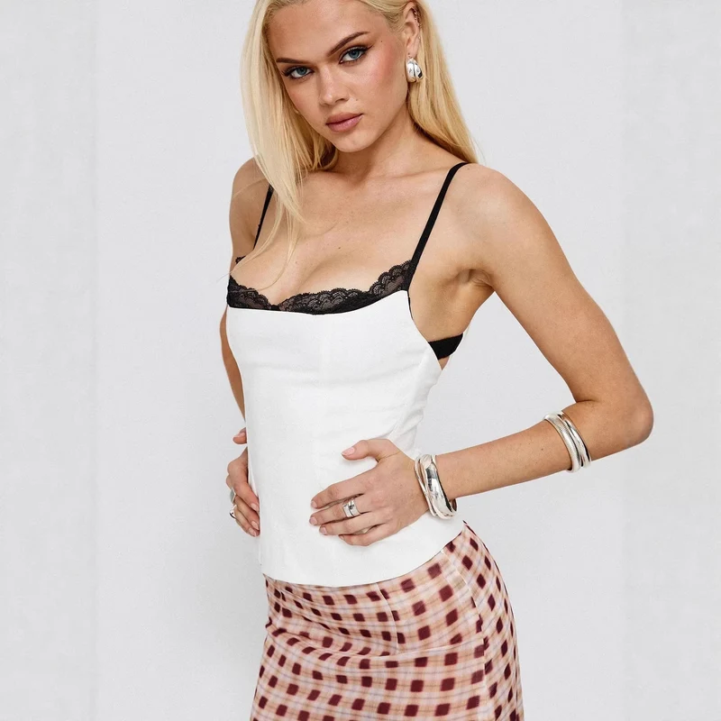 Damen Polka Dots Bustier-Top mit Spitzenakzenten