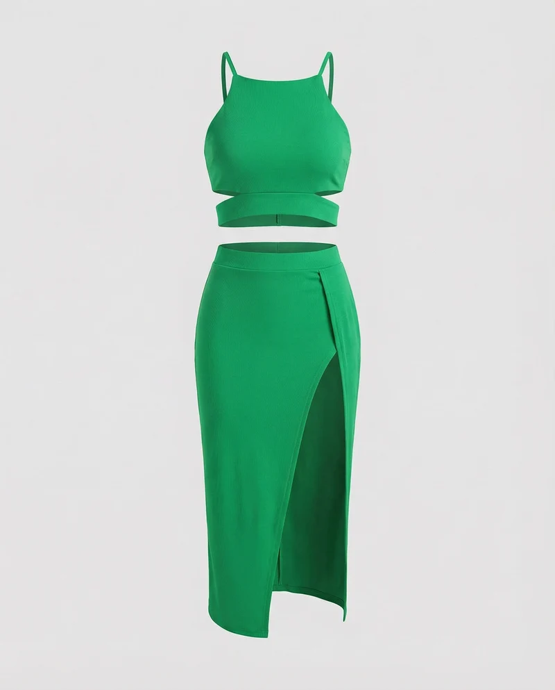 Modische Crop-Top MischgewNord Taschene Midikleid-Set