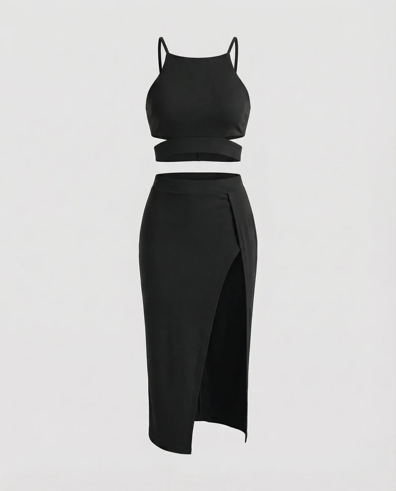 Modische Crop-Top MischgewNord Taschene Midikleid-Set