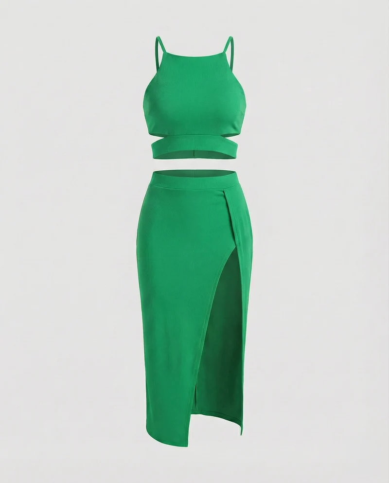Modische Crop-Top MischgewNord Taschene Midikleid-Set