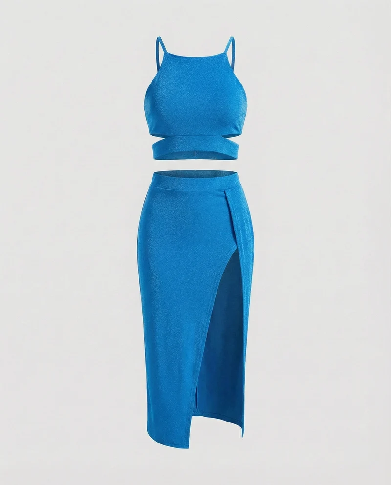 Modische Crop-Top MischgewNord Taschene Midikleid-Set