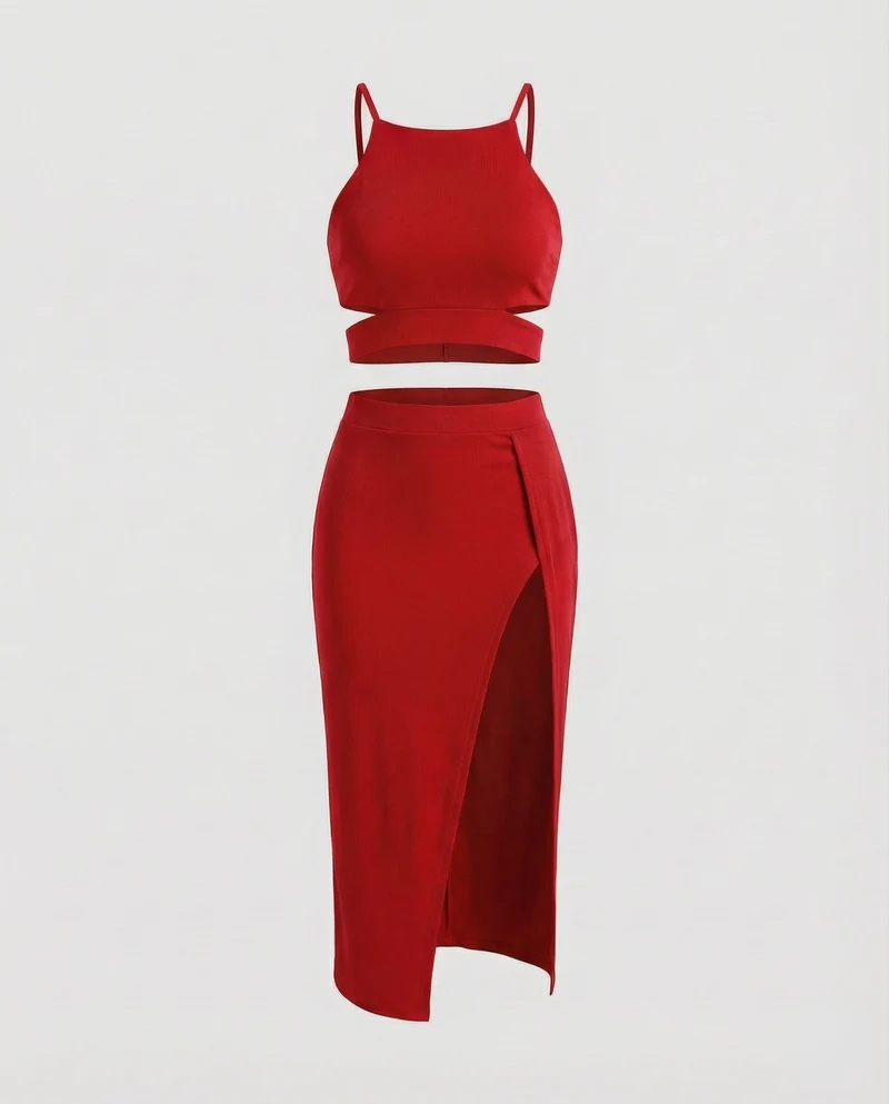 Modische Crop-Top MischgewNord Taschene Midikleid-Set