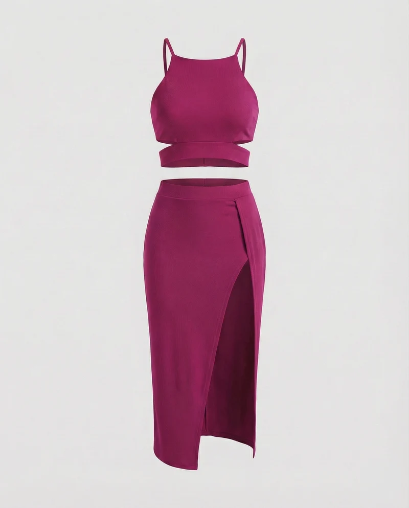 Modische Crop-Top MischgewNord Taschene Midikleid-Set