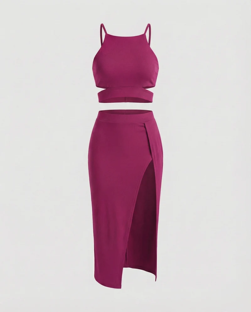 Modische Crop-Top MischgewNord Taschene Midikleid-Set