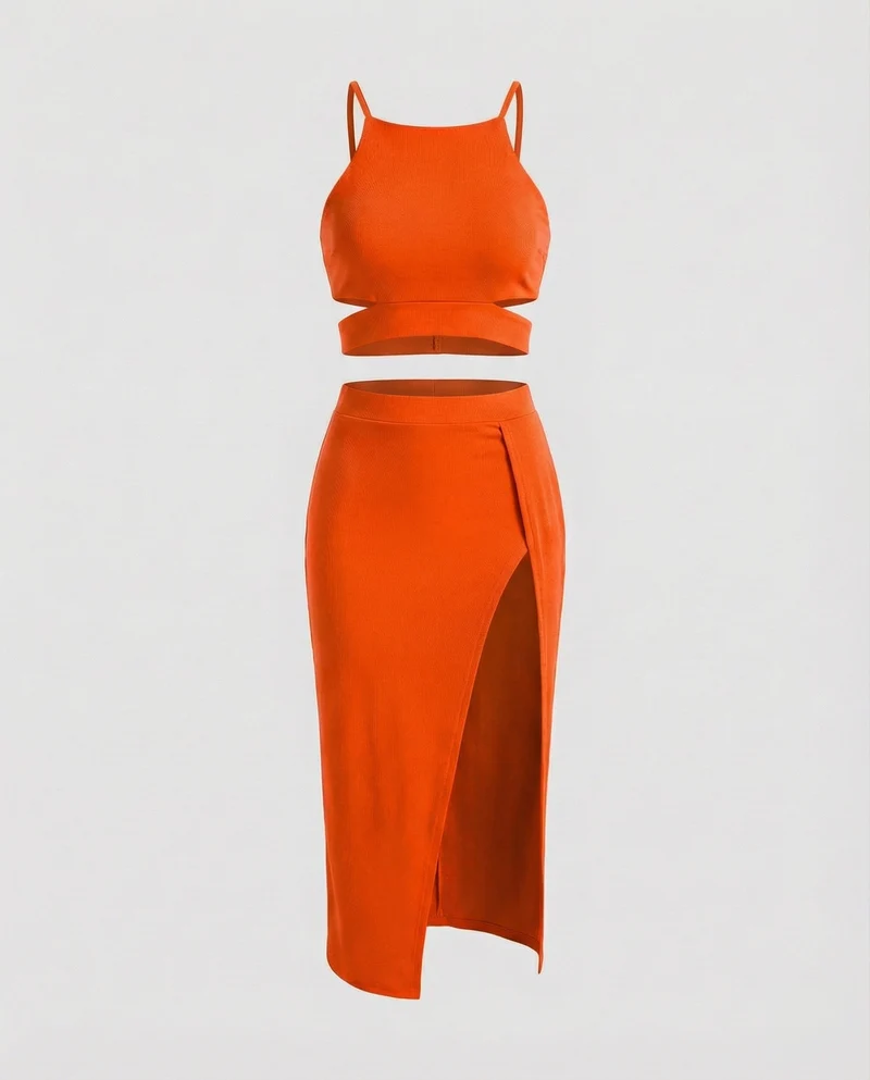 Modische Crop-Top MischgewNord Taschene Midikleid-Set