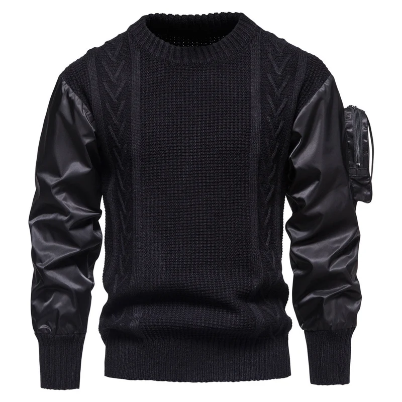 Herren Grobstrickpullover mit modernen Kunstlederärmeln Nord Taschen