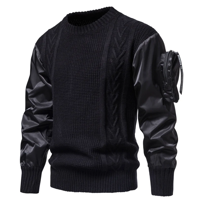 Herren Grobstrickpullover mit modernen Kunstlederärmeln Nord Taschen