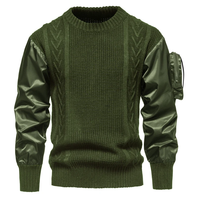Herren Grobstrickpullover mit modernen Kunstlederärmeln Nord Taschen