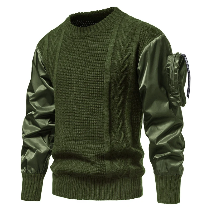 Herren Grobstrickpullover mit modernen Kunstlederärmeln Nord Taschen