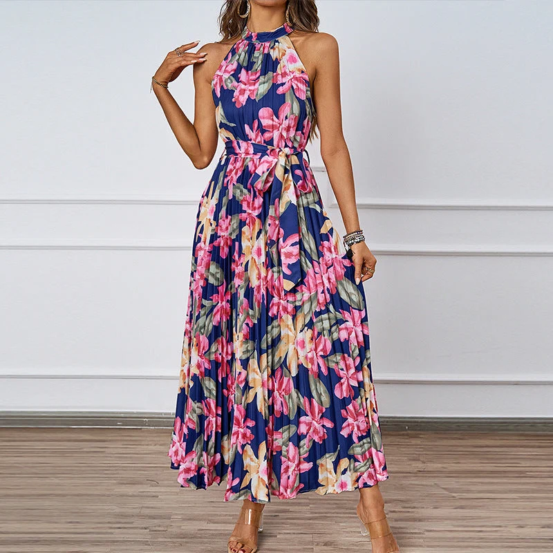 Damen Maxikleid mit detaillierter Plisseeverarbeitung und schickem Bindegürtel