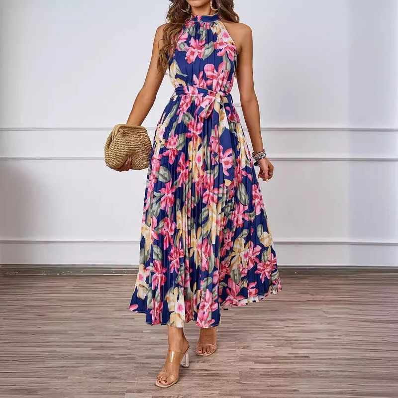 Damen Maxikleid mit detaillierter Plisseeverarbeitung und schickem Bindegürtel