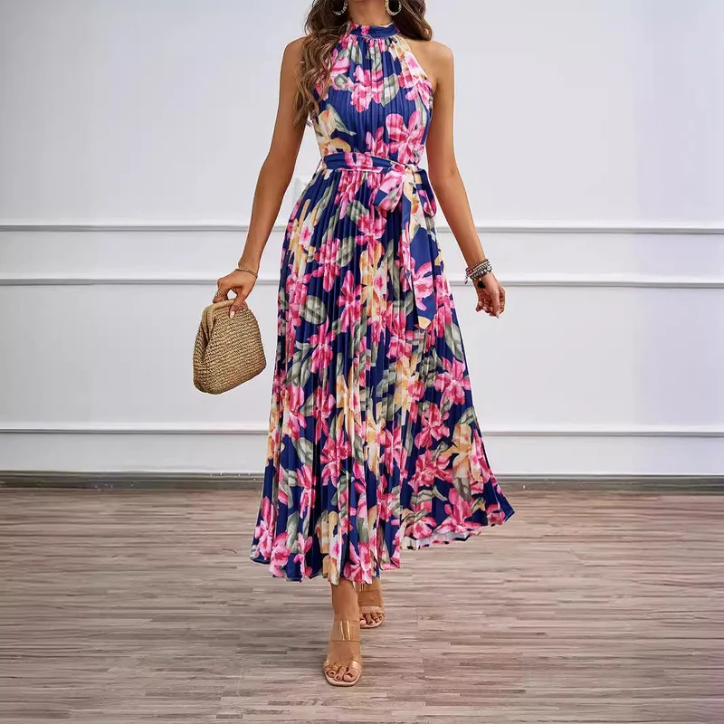 Damen Maxikleid mit detaillierter Plisseeverarbeitung und schickem Bindegürtel
