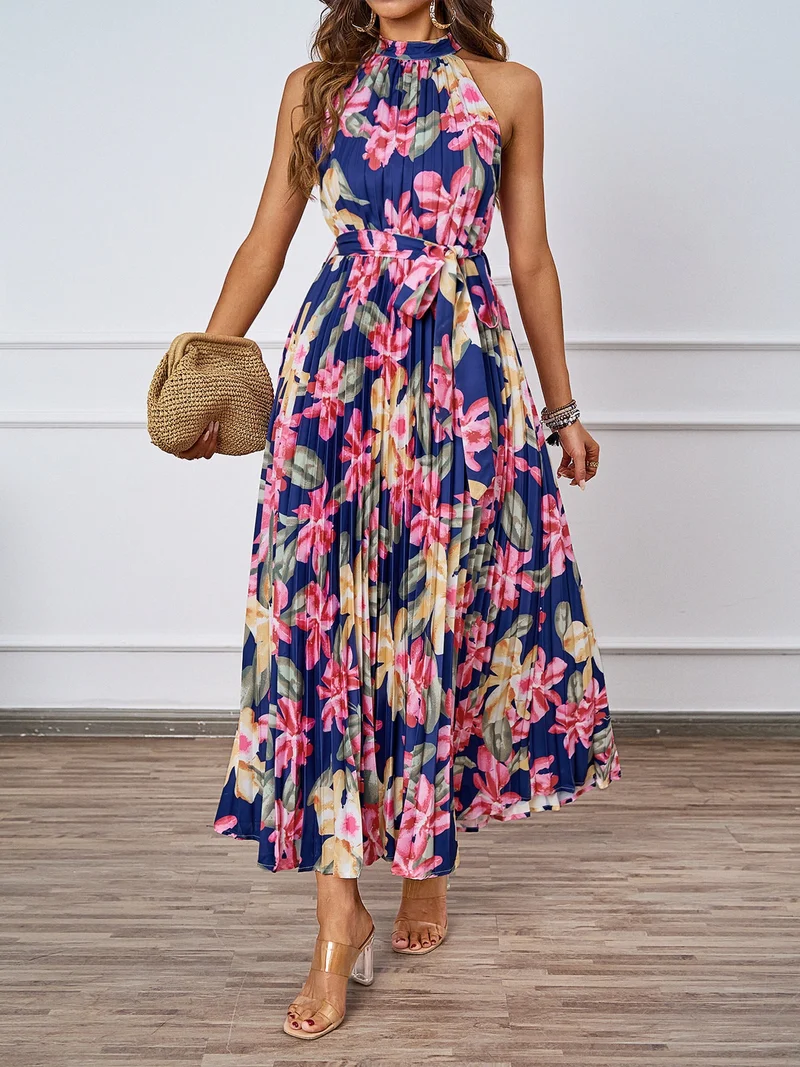 Damen Maxikleid mit detaillierter Plisseeverarbeitung und schickem Bindegürtel