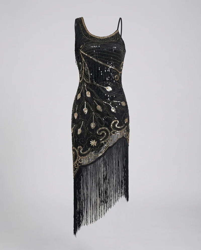 Damen Fransen-Paillettenkleid Perlenstickerei Asymmetrisch