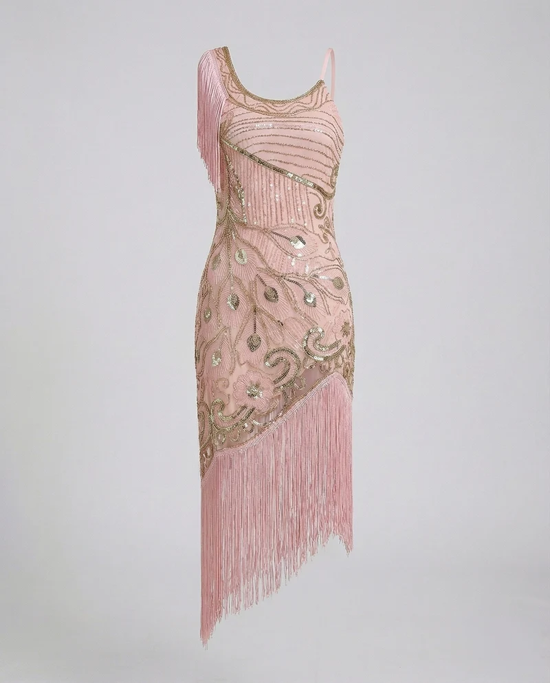 Damen Fransen-Paillettenkleid Perlenstickerei Asymmetrisch