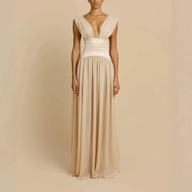 Damen Elegantes Langarm-Maxikleid mit tiefem V-Ausschnitt