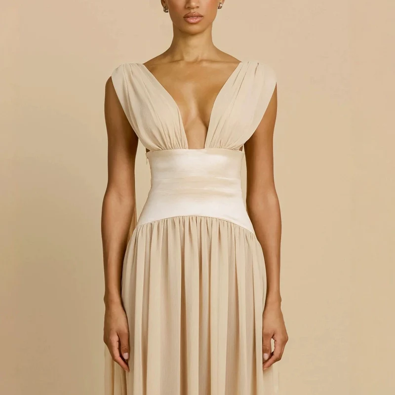 Damen Elegantes Langarm-Maxikleid mit tiefem V-Ausschnitt