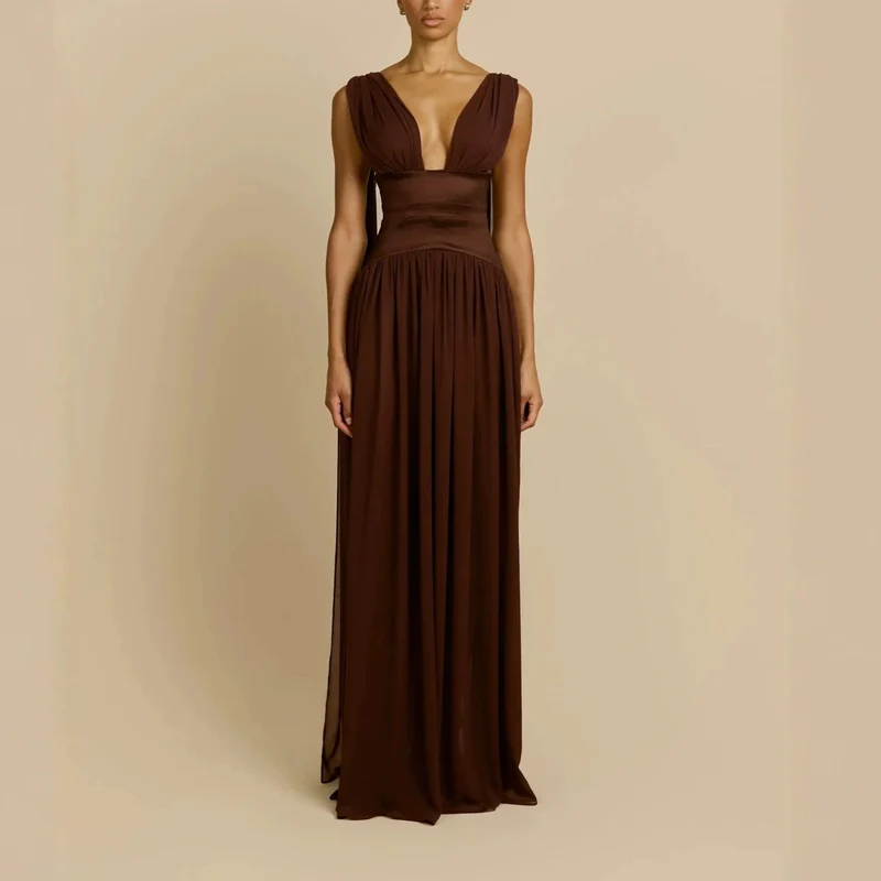 Damen Elegantes Langarm-Maxikleid mit tiefem V-Ausschnitt