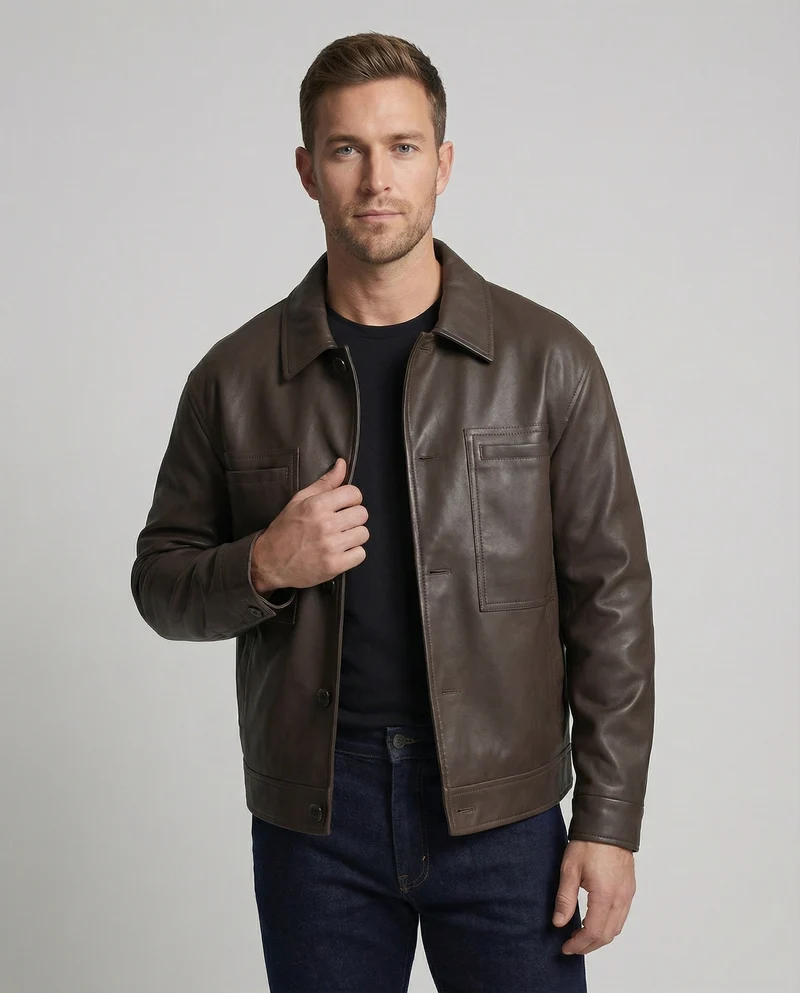 Herren Kunstleder-Workerjacke Weit Brusttaschen
