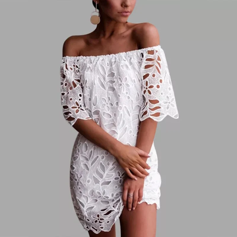 Damen Off-Shoulder Kleid mit floralen Cut-Outs und luftigen Ärmeln