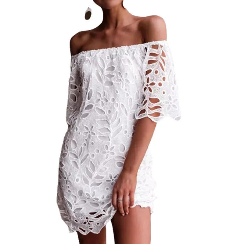 Damen Off-Shoulder Kleid mit floralen Cut-Outs und luftigen Ärmeln