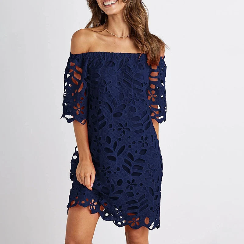 Damen Off-Shoulder Kleid mit floralen Cut-Outs und luftigen Ärmeln