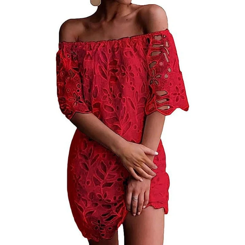 Damen Off-Shoulder Kleid mit floralen Cut-Outs und luftigen Ärmeln