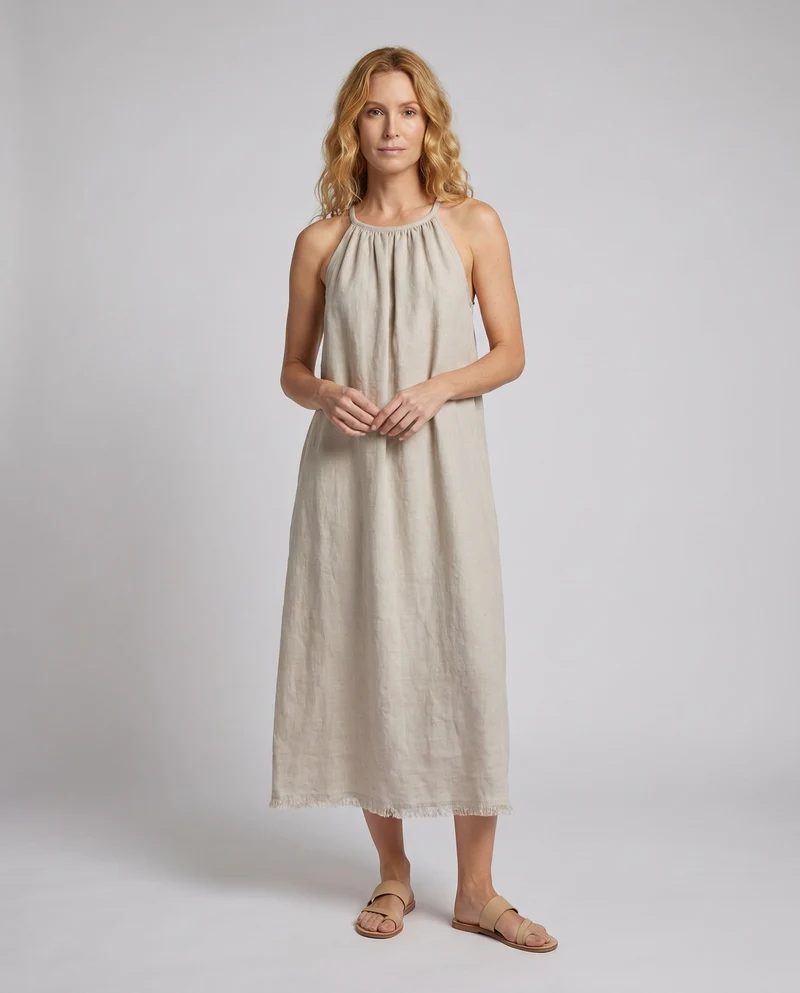 Damen luftiges Maxikleid aus hochwertigem Leinen mit verstellbaren Spaghettiträgern