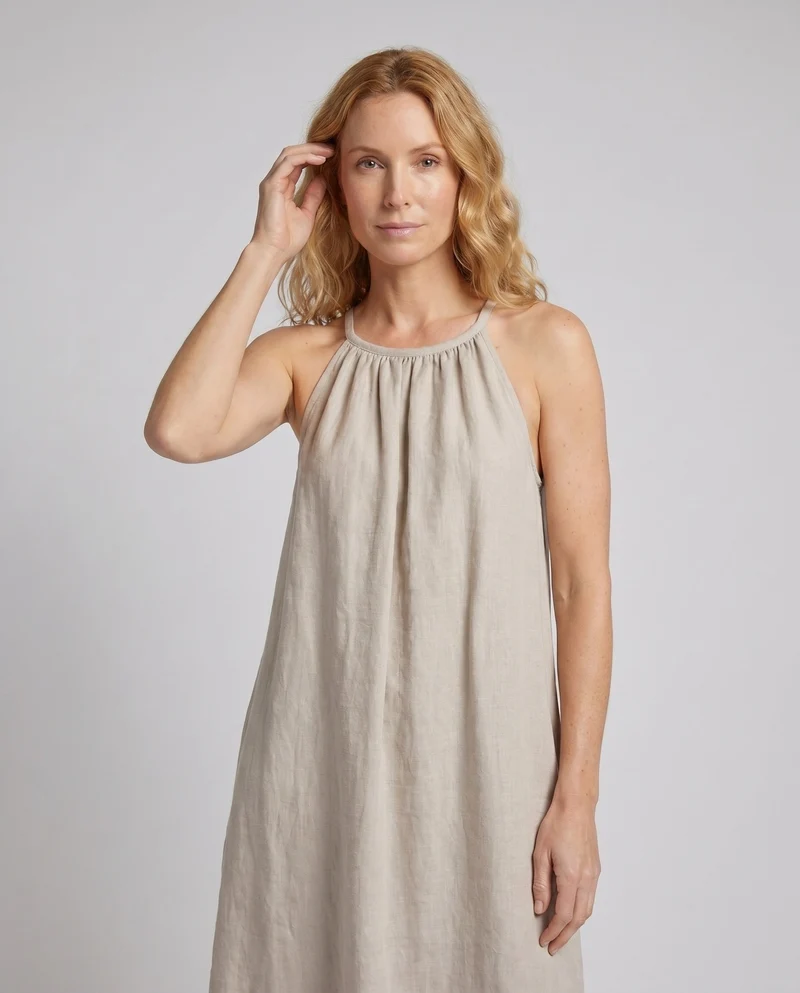 Damen luftiges Maxikleid aus hochwertigem Leinen mit verstellbaren Spaghettiträgern