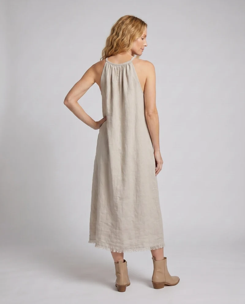 Damen luftiges Maxikleid aus hochwertigem Leinen mit verstellbaren Spaghettiträgern