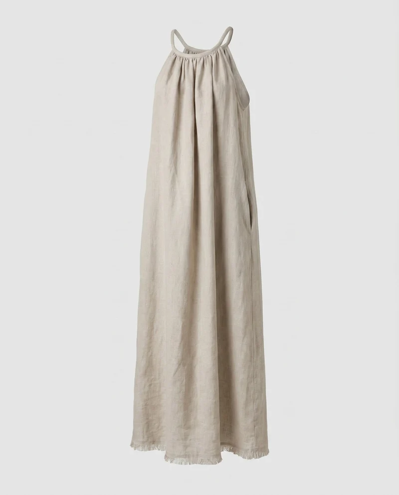 Damen luftiges Maxikleid aus hochwertigem Leinen mit verstellbaren Spaghettiträgern