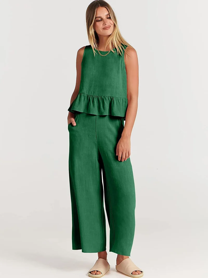 Damen Zweiteiler-Set mit schickem Peplum-Oberteil und weit geschnittenen Hosen