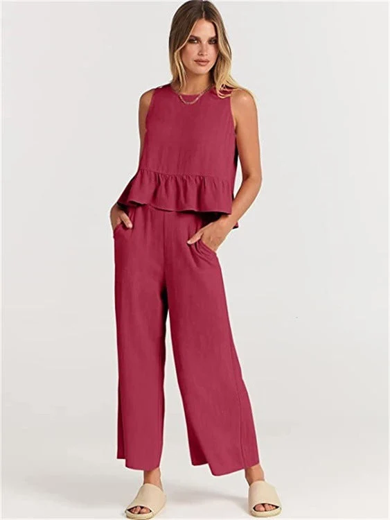 Damen Zweiteiler-Set mit schickem Peplum-Oberteil und weit geschnittenen Hosen