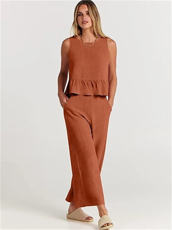 Damen Zweiteiler-Set mit schickem Peplum-Oberteil und weit geschnittenen Hosen