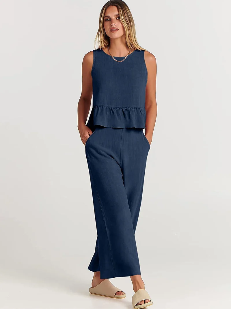 Damen Zweiteiler-Set mit schickem Peplum-Oberteil und weit geschnittenen Hosen
