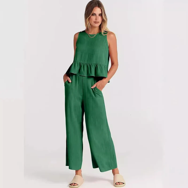Damen Zweiteiler-Set mit schickem Peplum-Oberteil und weit geschnittenen Hosen