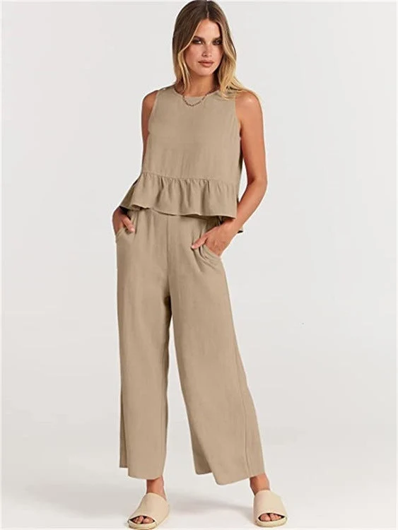 Damen Zweiteiler-Set mit schickem Peplum-Oberteil und weit geschnittenen Hosen