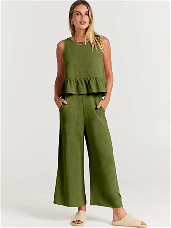 Damen Zweiteiler-Set mit schickem Peplum-Oberteil und weit geschnittenen Hosen