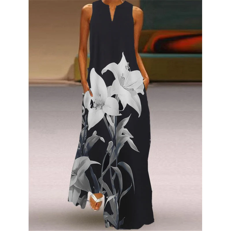 Damen Maxikleid mit elegantem floralem Design und seitlichen Taschen Nord Taschen