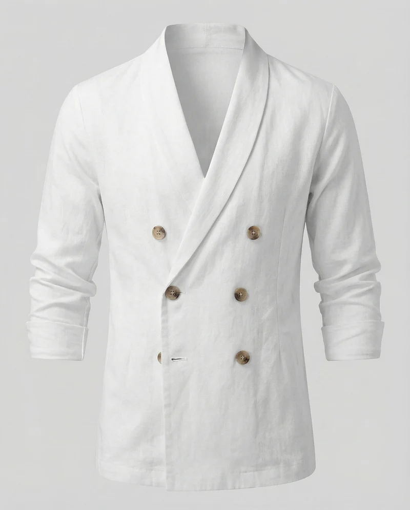 Herren nan doppelreihiges Leinen-Sakko-Hemd mit tiefem V-Ausschnitt, Schalkragen und krempelbaren Ärmeln