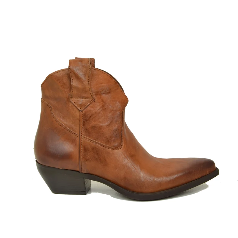 Stivaletti Texanini in Vera Pelle Cuoio Effetto Stropicciato Tacco 5 cm Made in Italy