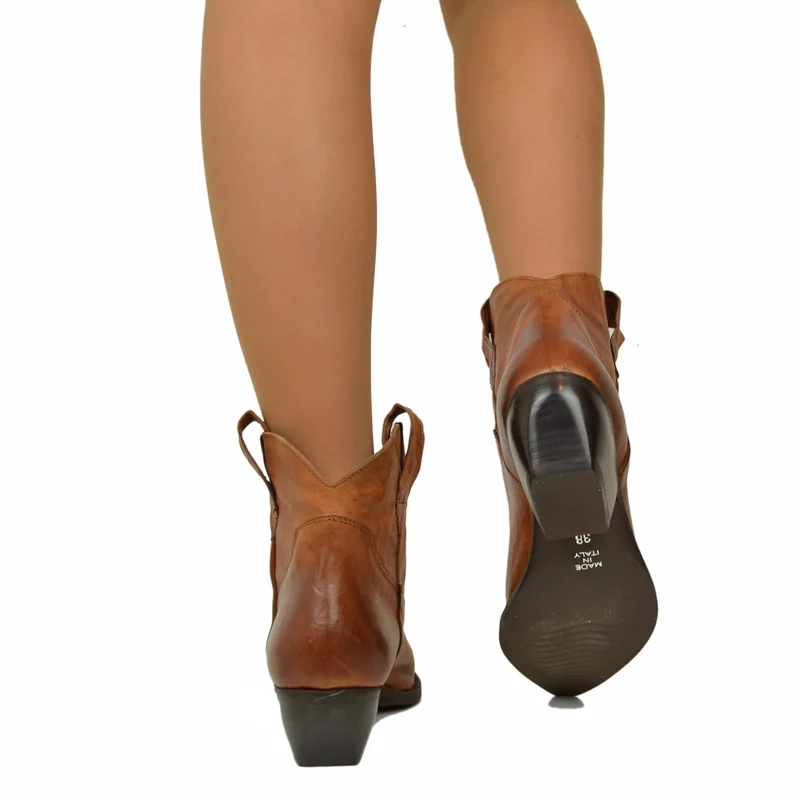 Stivaletti Texanini in Vera Pelle Cuoio Effetto Stropicciato Tacco 5 cm Made in Italy